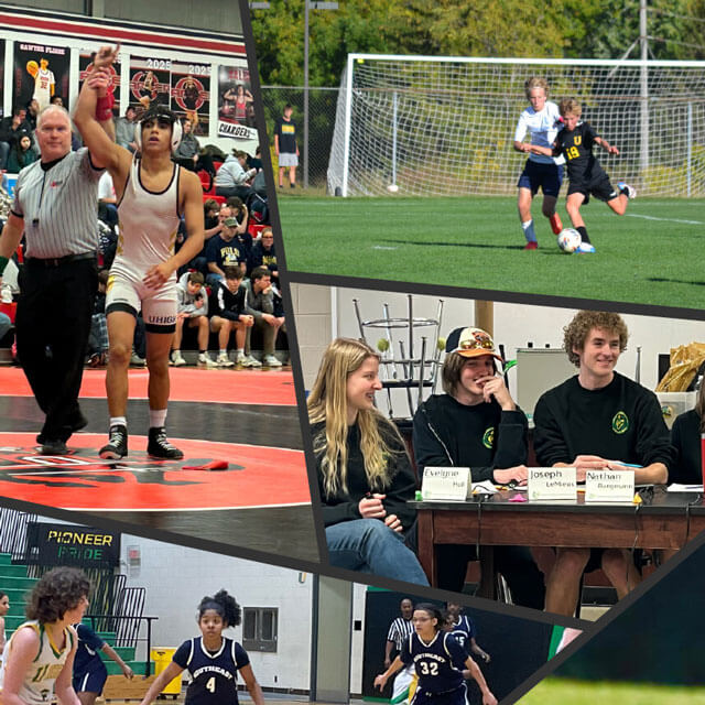 Collage of various high school sports and academic activities including award ceremonies, tennis, wrestling, soccer, track, chess, quiz shows, and golf.